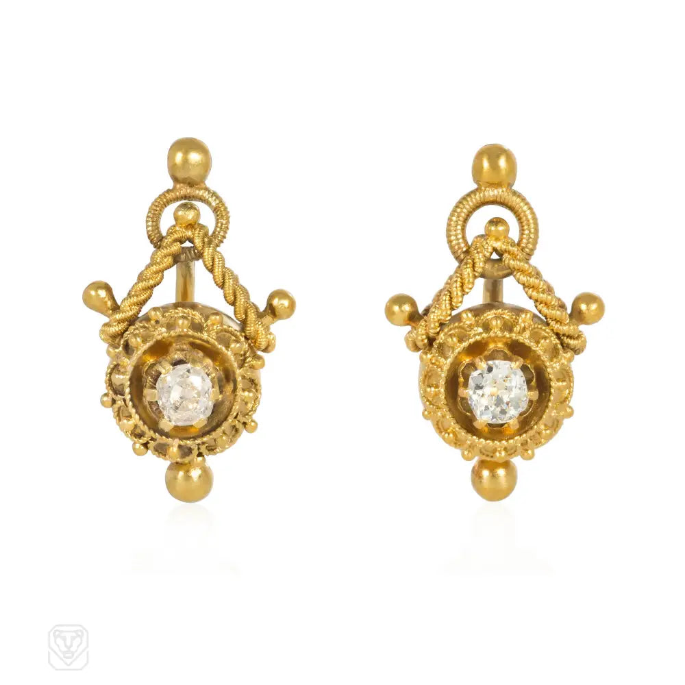 Ladies diamond earrings-Antique Etruscan Revival gold and diamond granulated dome earrings