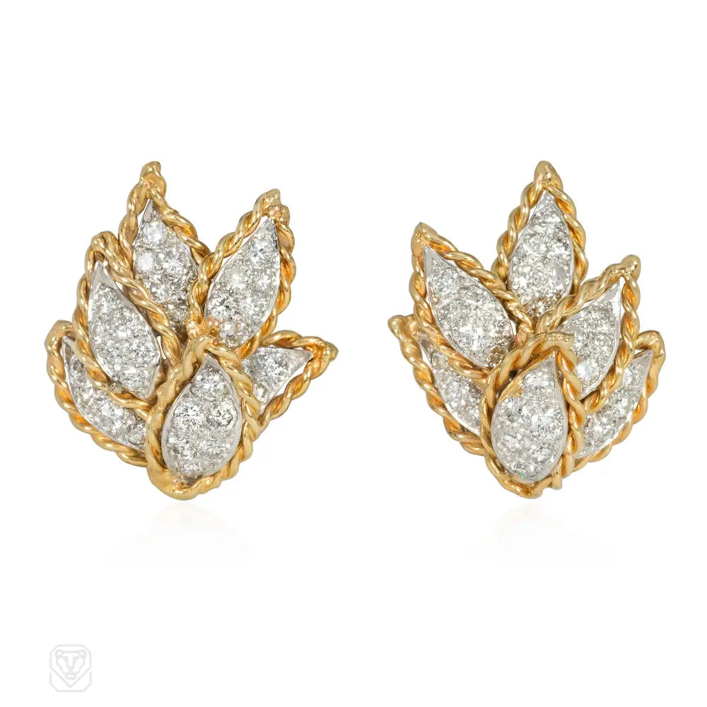 Ladies dangle earrings-Gold and diamond earrings of overlapping leaf design