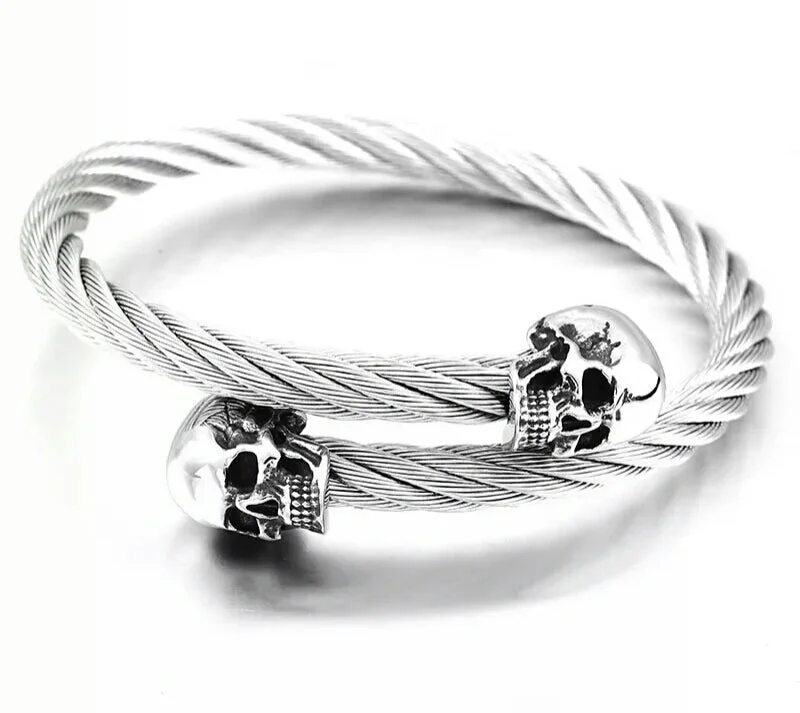 Ladies large gemstone bangles-Wire Twisted Skull Heads Bangle