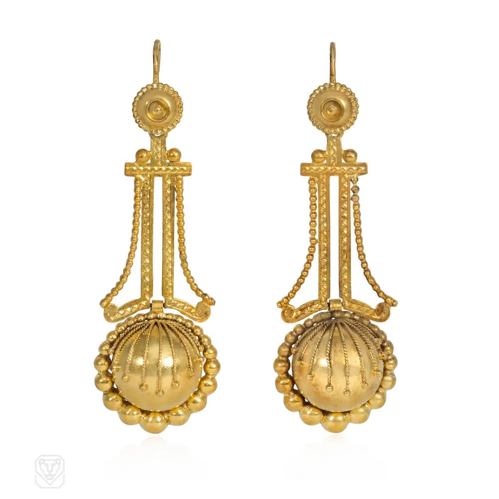 Ladies hanging earrings-Antique Etruscan revival ball pendant earrings