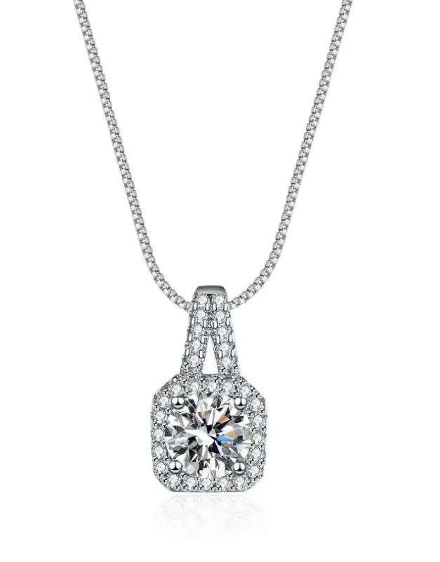 Ladies adjustable necklaces-Square Halo Pendant Necklace | S925 | Moissanite