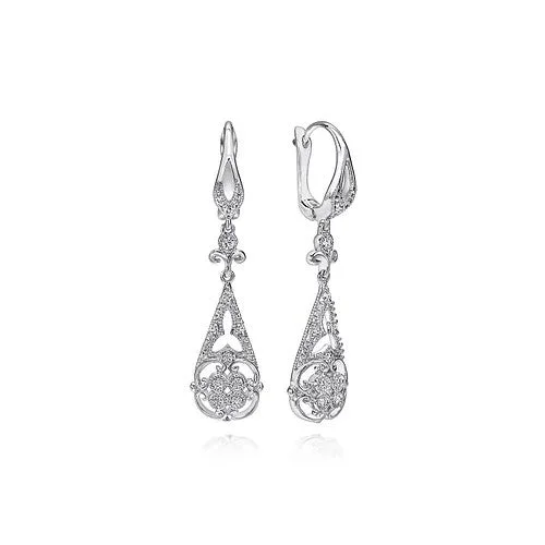 Ladies crystal drop earrings-Vintage Inspired 14K White Gold Teardrop Cutout Diamond Drop Earrings