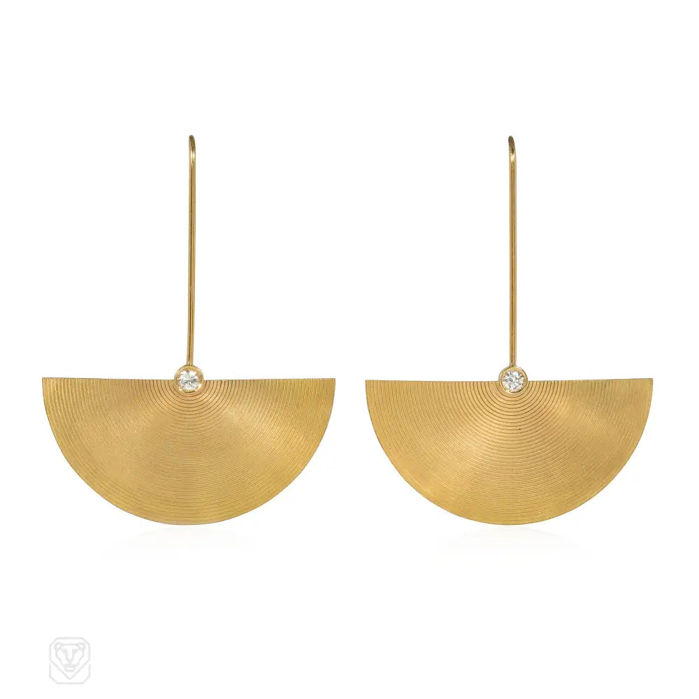 Ladies enamel earrings-Estate diamond and gold fan earrings