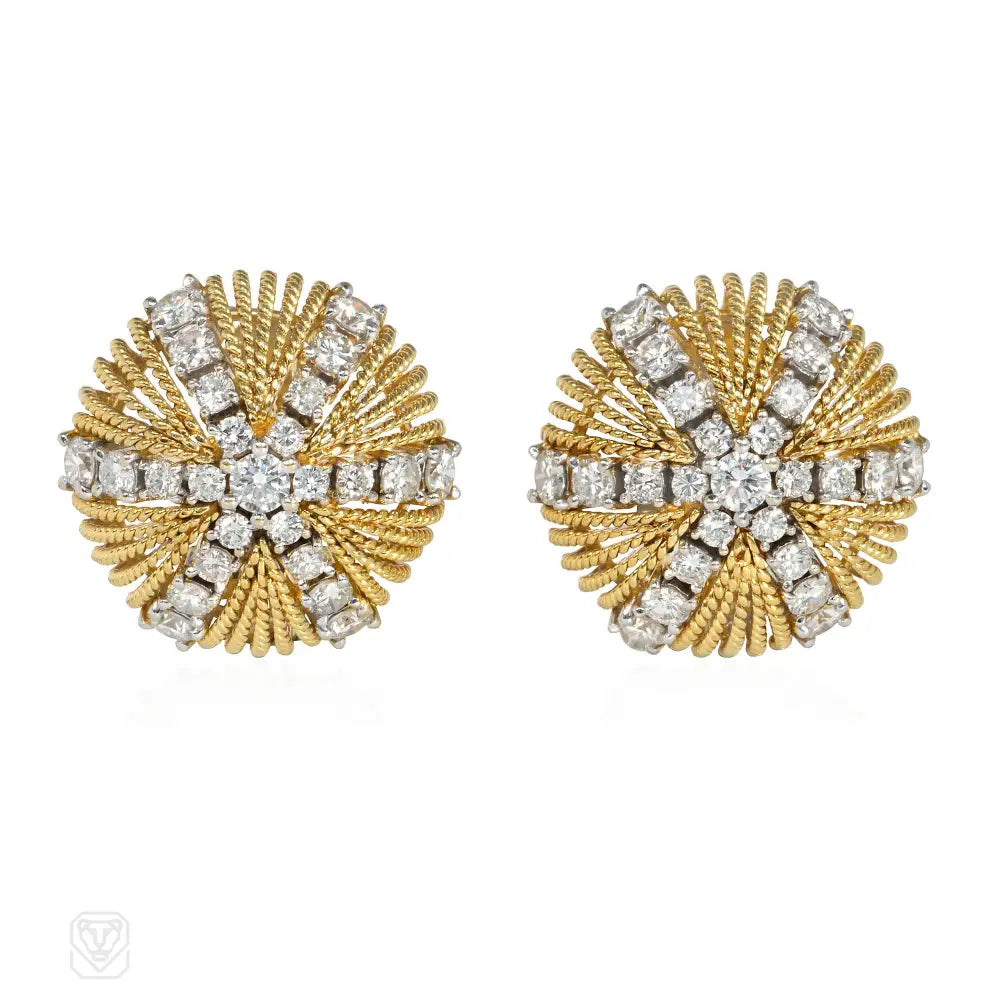 Ladies diamond earrings-Mid-century gold and diamond domed starburst earrings