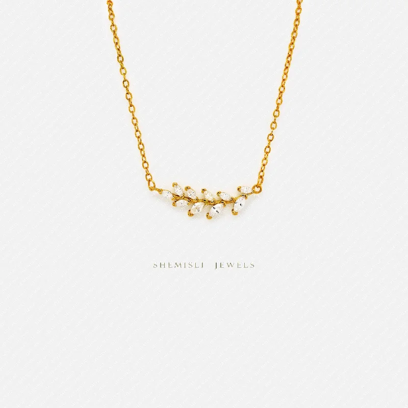 Ladies vintage gold necklaces-Dainty Leaf CZ Necklace, Silver or Gold Plated  (15.5"+2") SHEMISLI - SN016