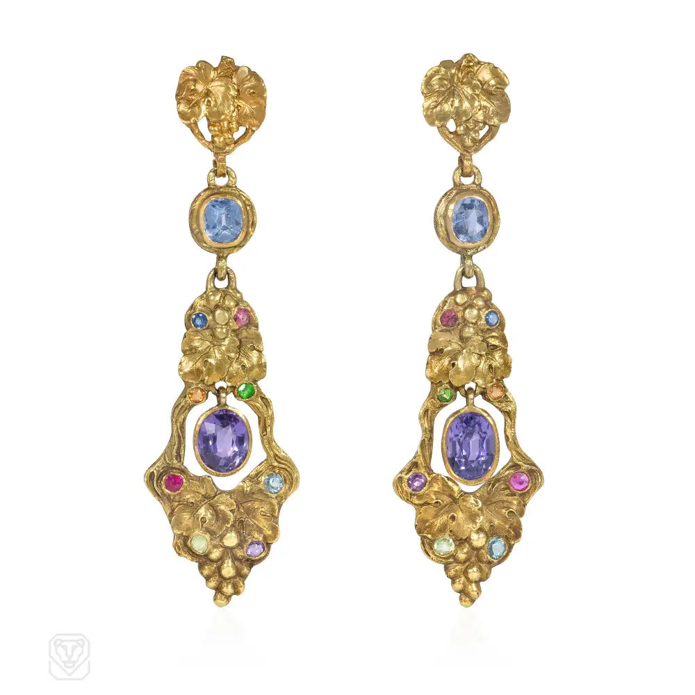 Ladies wedding hoop earrings-Gustav Manz Art Nouveau sapphire and mutli-gem grape leaf earrings