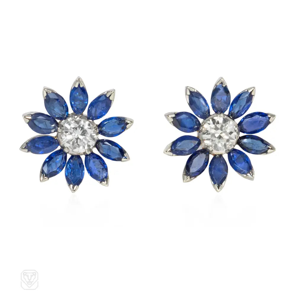 Ladies crystal stud earrings-Sapphire and diamond flower cluster earrings