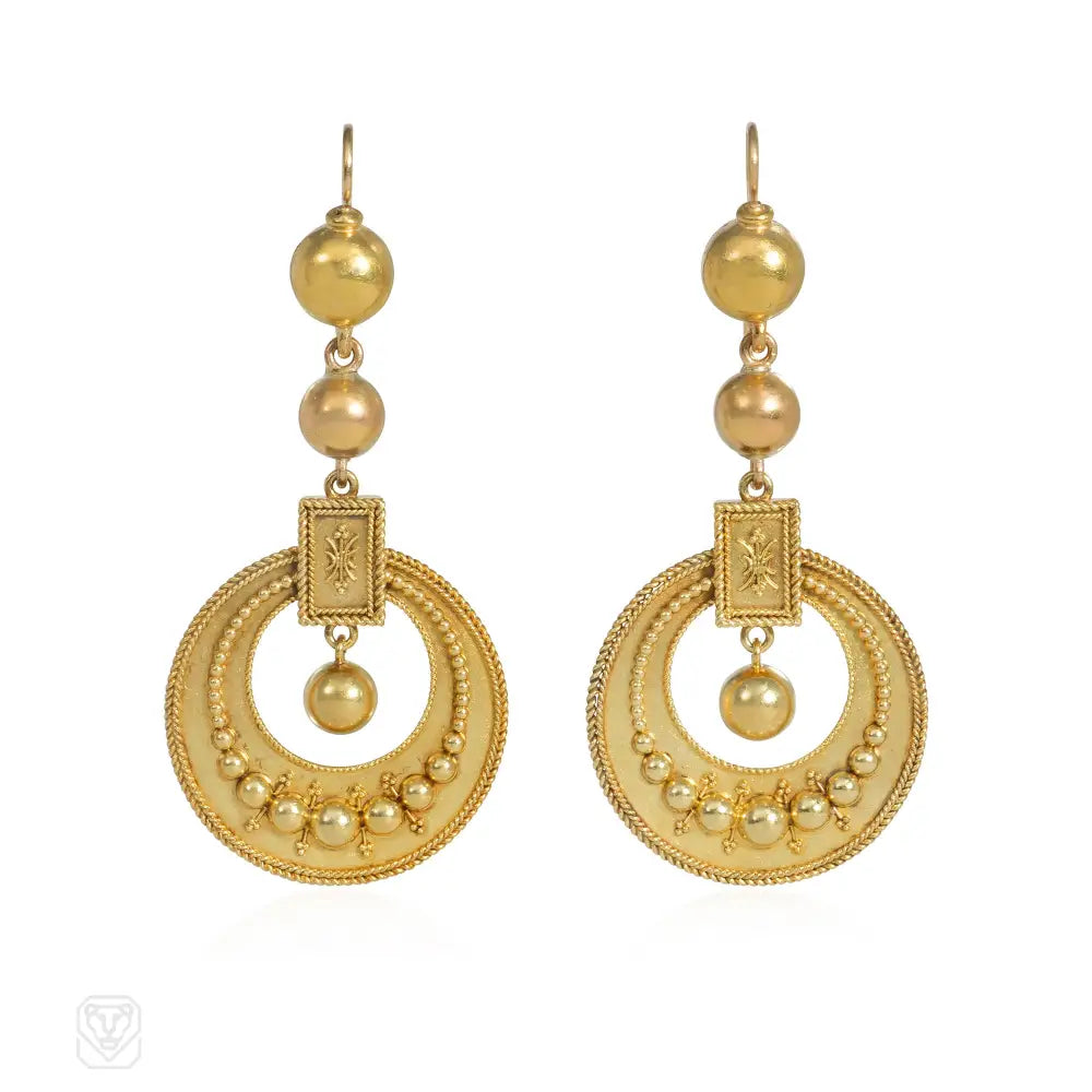 Ladies gold chandelier earrings-Victorian gold bead and hoop earrings