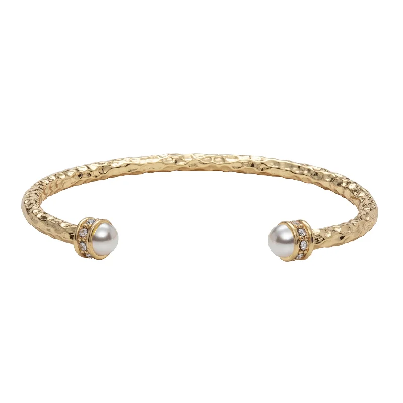 Ladies custom engraved bangles-Hammered Torque Pearl & Gold Bangle