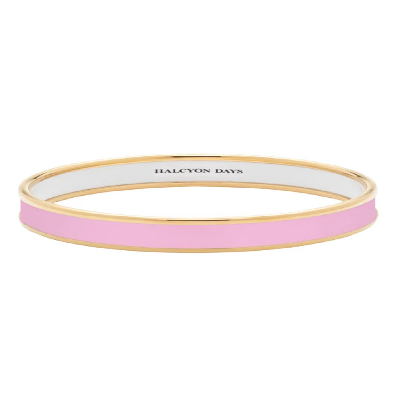 Ladies silver charm bracelets-Skinny Pale Pink & Gold Enamel Bangle