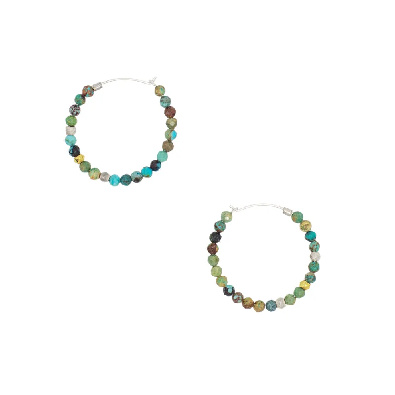 Ladies classic gold earrings-She's Got Stones Sleeper Hoops in Turquoise - 1"