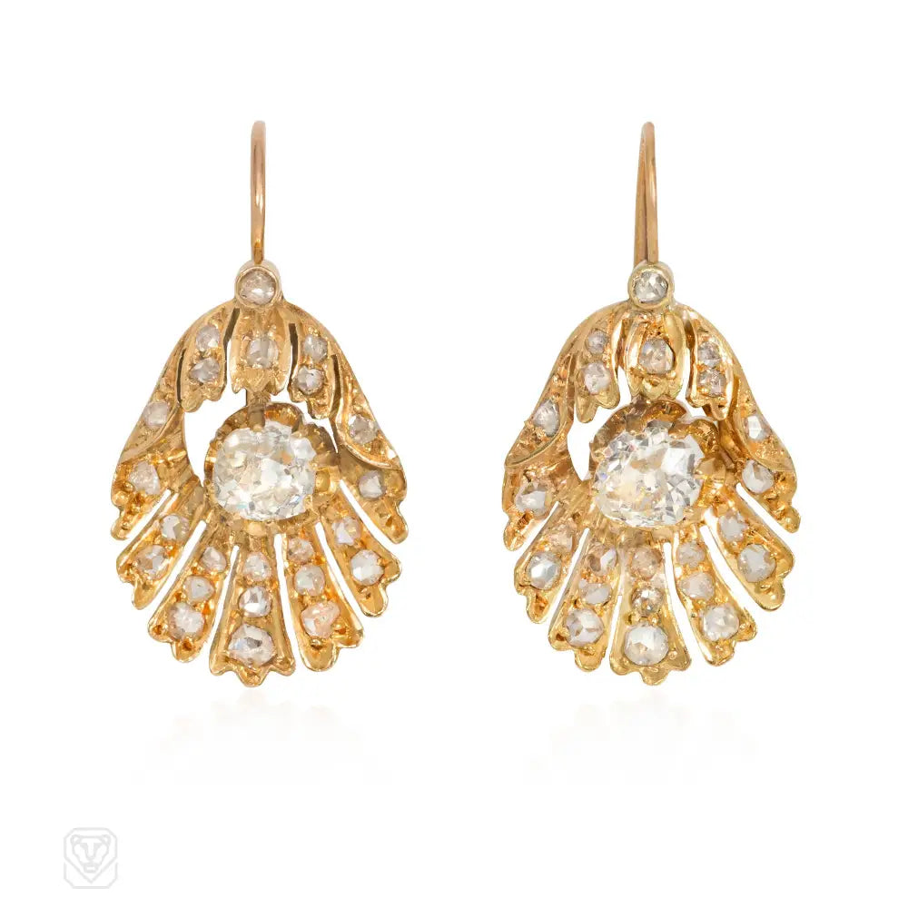 Ladies gold hoop earrings-French gold and diamond shell earrings