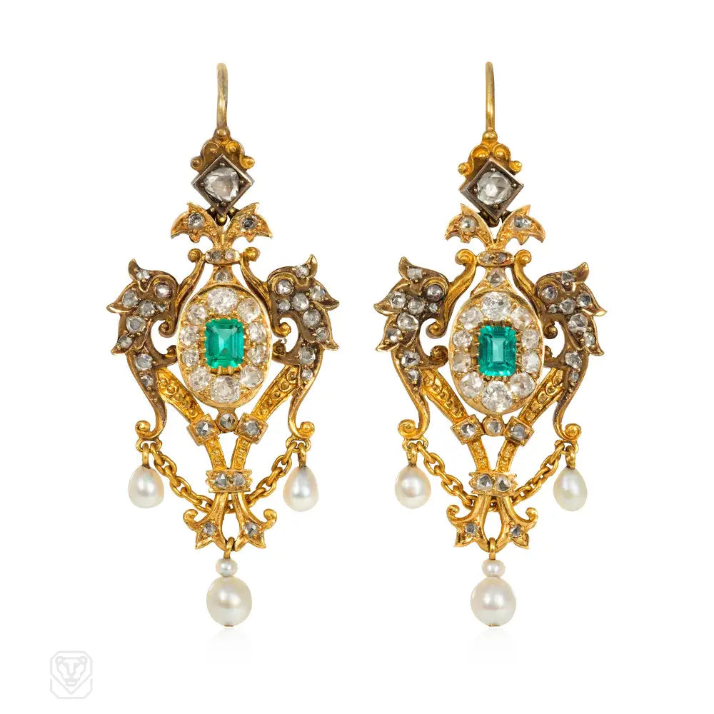 Ladies gold hoop earrings-Antique emerald, pearl and diamond griffin earrings