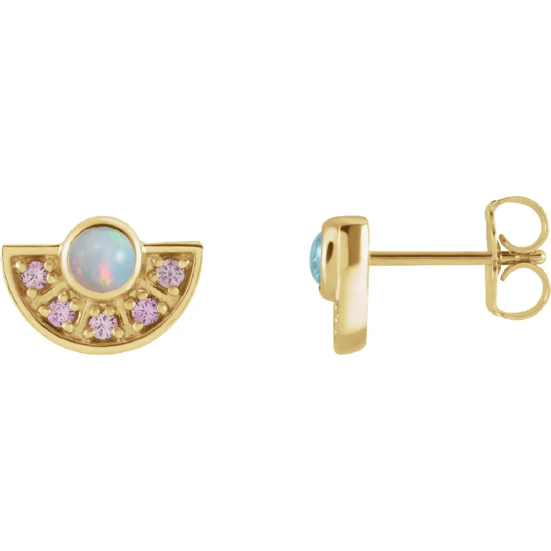 Ladies gold chandelier earrings-Ethiopian Opal & Pink Sapphire Fan Earrings in 14k Gold