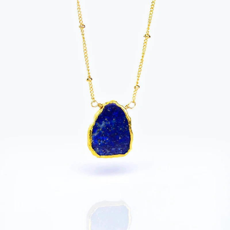 Ladies minimalist pendant necklaces-Natural Lapis Lazuli Slice Necklace with Organic Profile