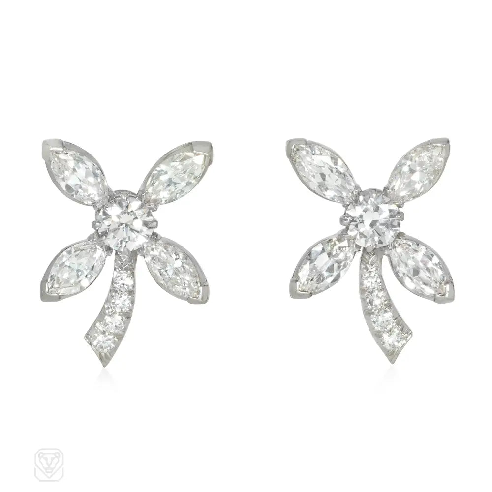 Ladies vintage diamond earrings-Marianne Ostier diamond flower earrings