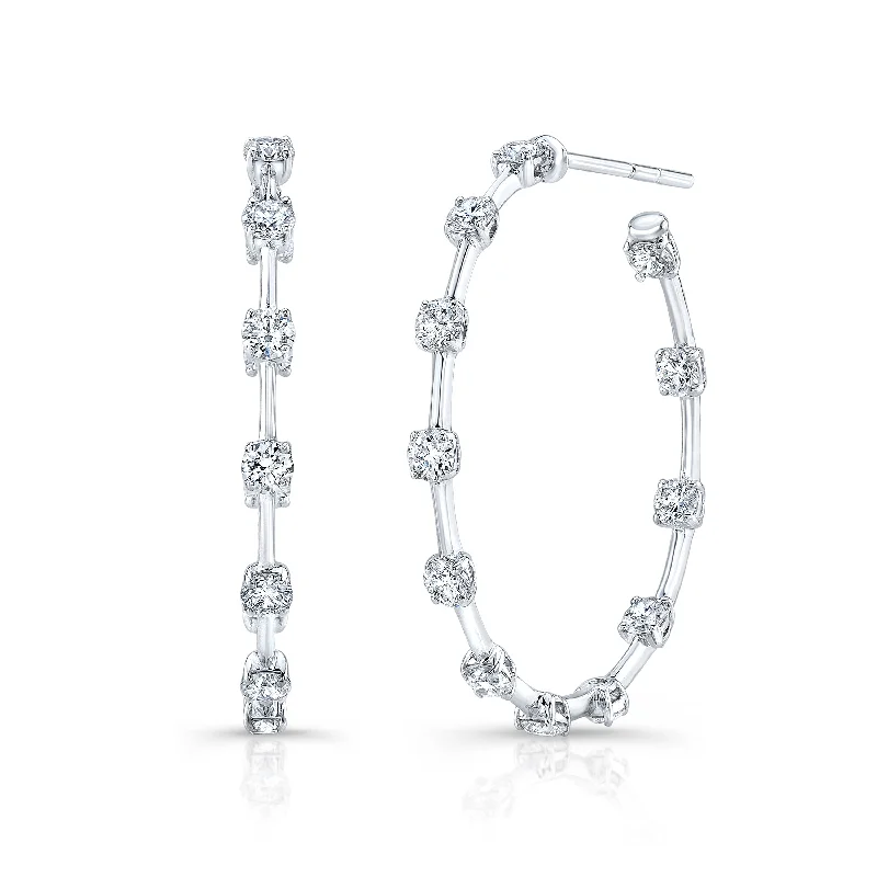 Ladies gold stud earrings-Round Diamond Station Hoop Earrings in 18kt White Gold