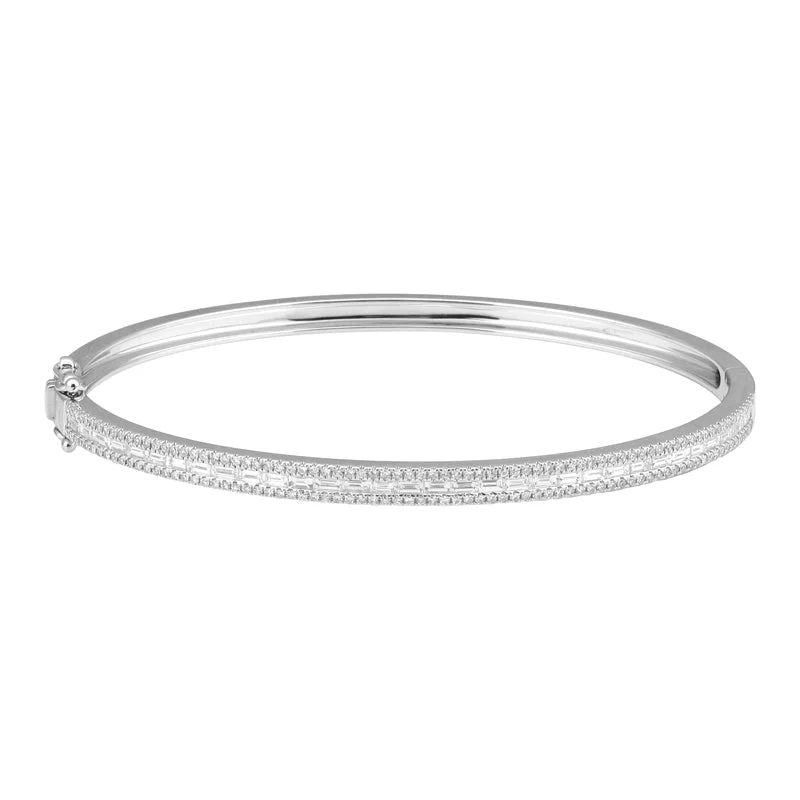 Ladies luxury leather bracelets-14k White Gold Round & Baguette Diamond Bangle