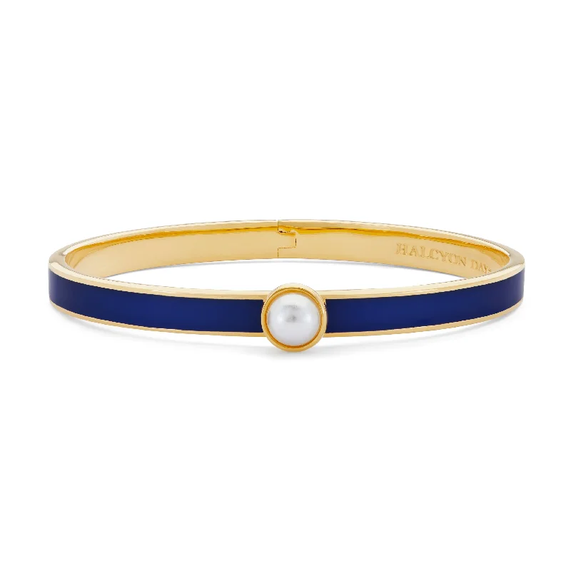 Ladies infinity bracelets-Skinny Cabochon Pearl Cobalt & Gold Bangle