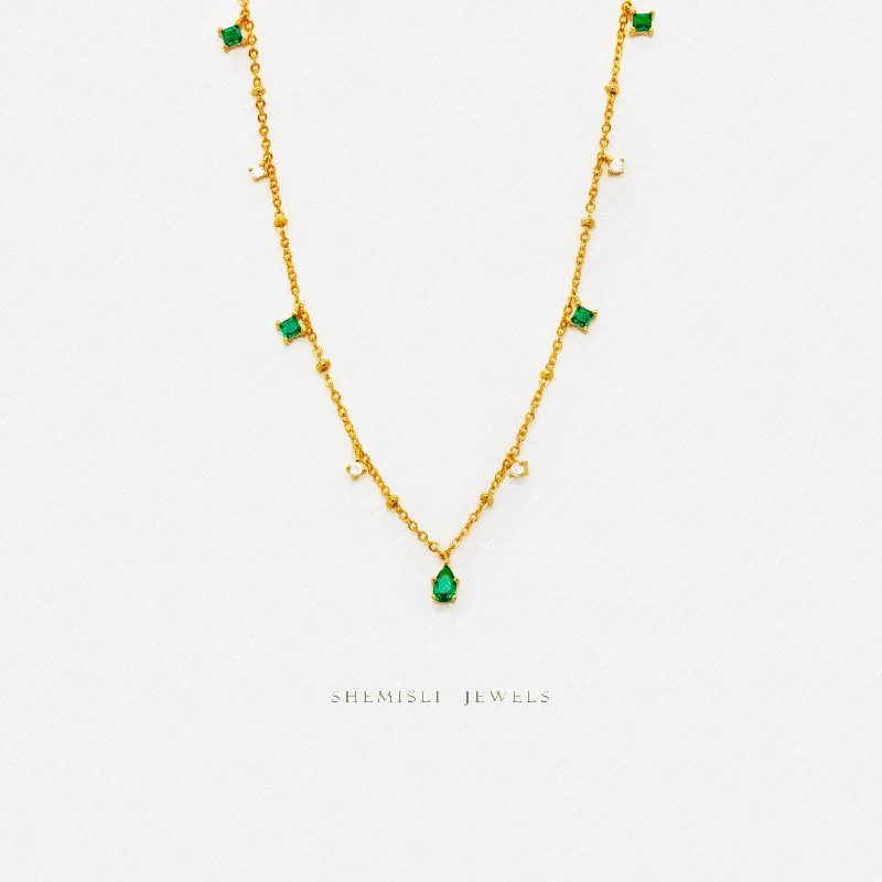 Ladies large gemstone necklaces-Tiny Emerald and White Stone Necklace, Silver or Gold Plated, 17.5" SHEMISLI - SN034