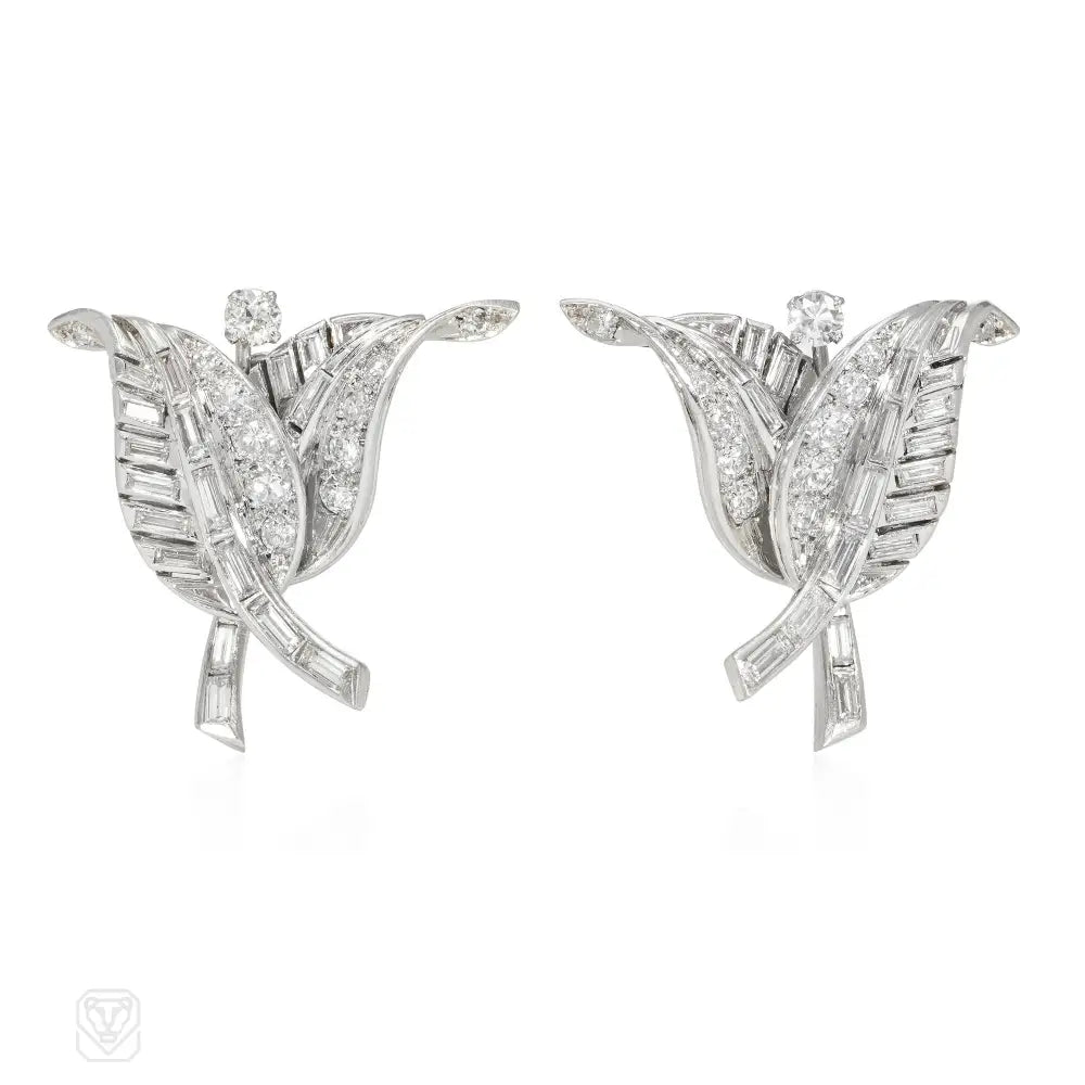 Ladies hanging earrings-French 1950s platinum and diamond overlapping leaf earrings