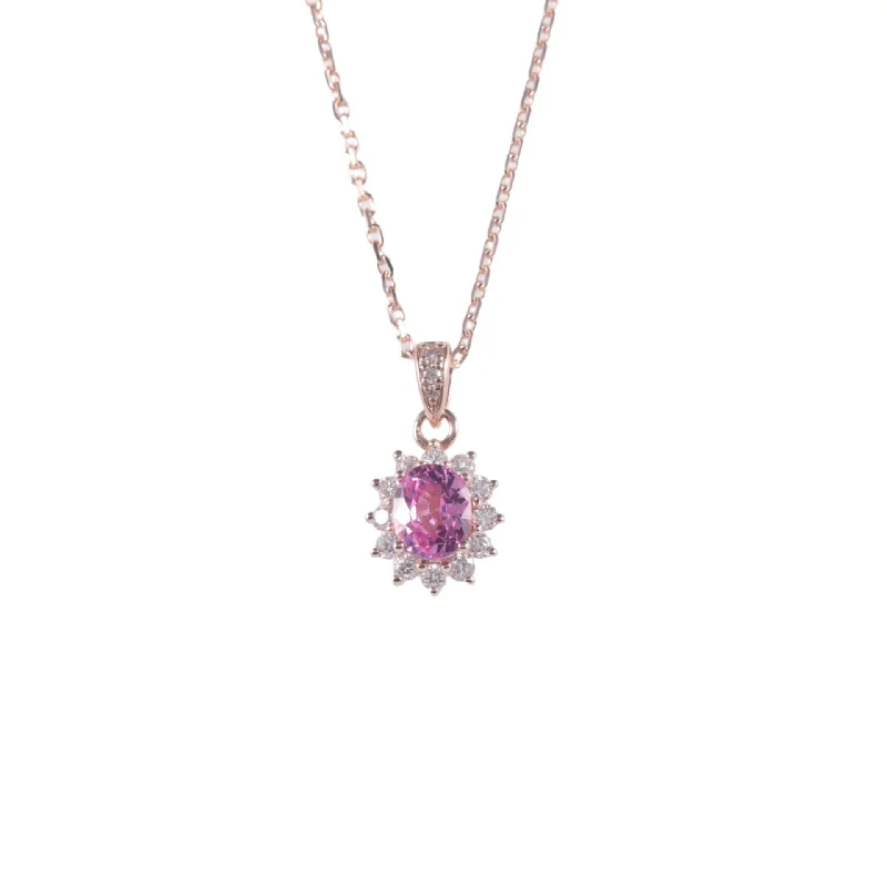 Ladies wedding anniversary necklaces-Pink Sapphire Sunflower Oval Pendant Necklace | 18K Gold