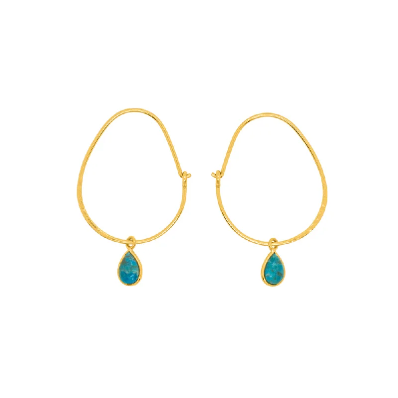 Ladies simple stud earrings-Oval Turquoise Hoops in Gold - 1 1/4" L