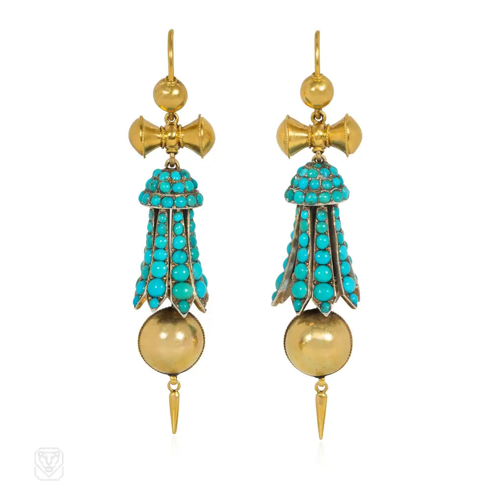 Ladies vintage earrings-Antique gold and turquoise tassel earrings