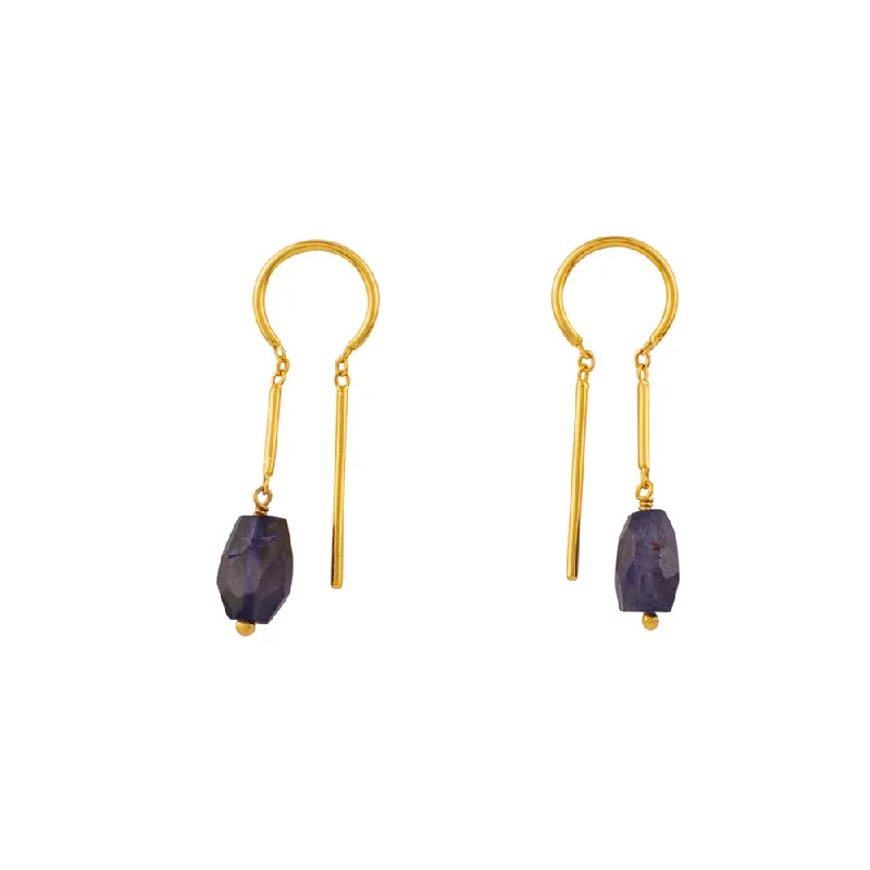 Ladies sapphire earrings-Oblong Stony Dancer Threaders in Iolite & Gold - 1 1/8" L