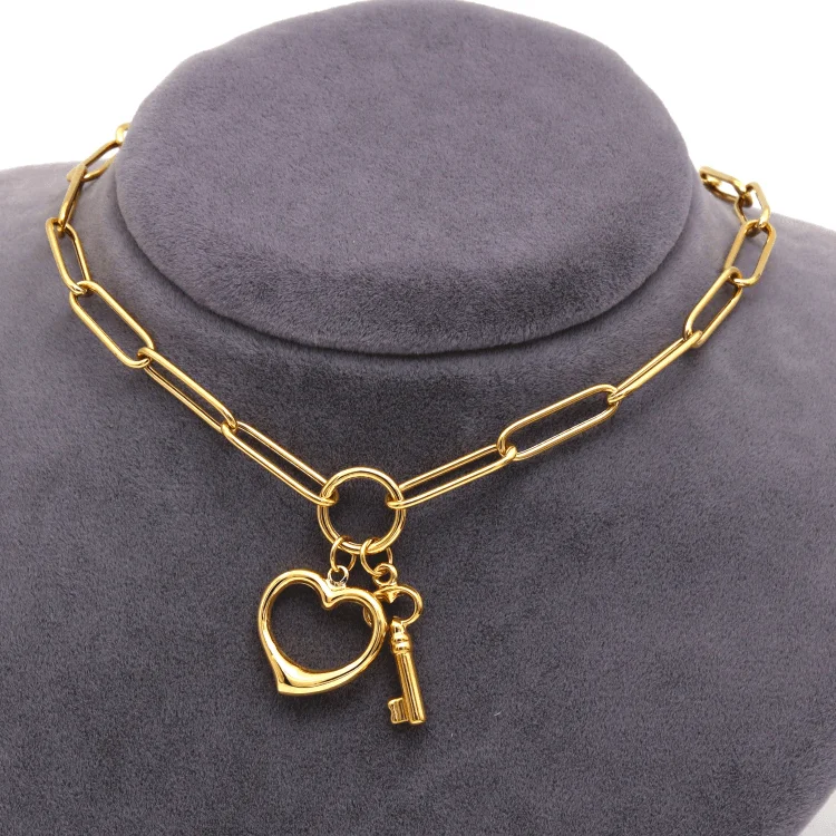 Ladies antique necklaces-Real Gold Paper Clip Chain Necklace with 3D Heart and Key Charms 1407 N1421