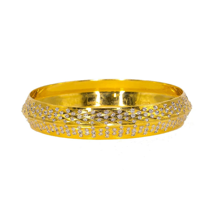 Ladies custom engraved bangles-22K Multi Tone Gold Mens Kada Bangle W/ White Gold Polka Dot Details