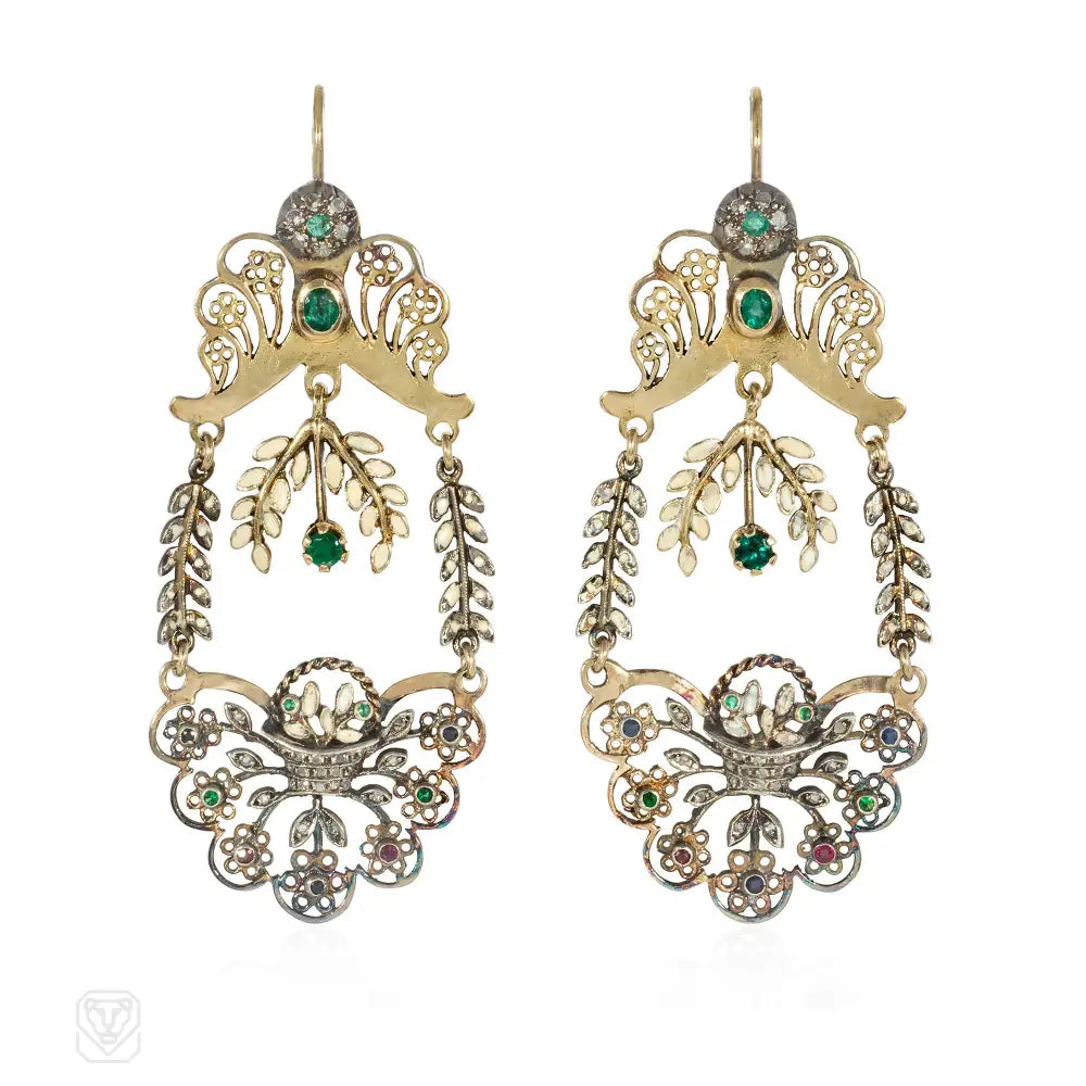 Ladies unique earrings-Diamond and gemset floral jardinère earrings