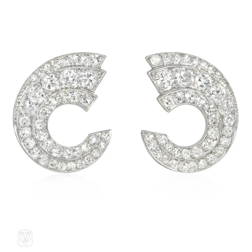 Ladies wedding hoop earrings-Art Deco platinum and diamond scroll earrings