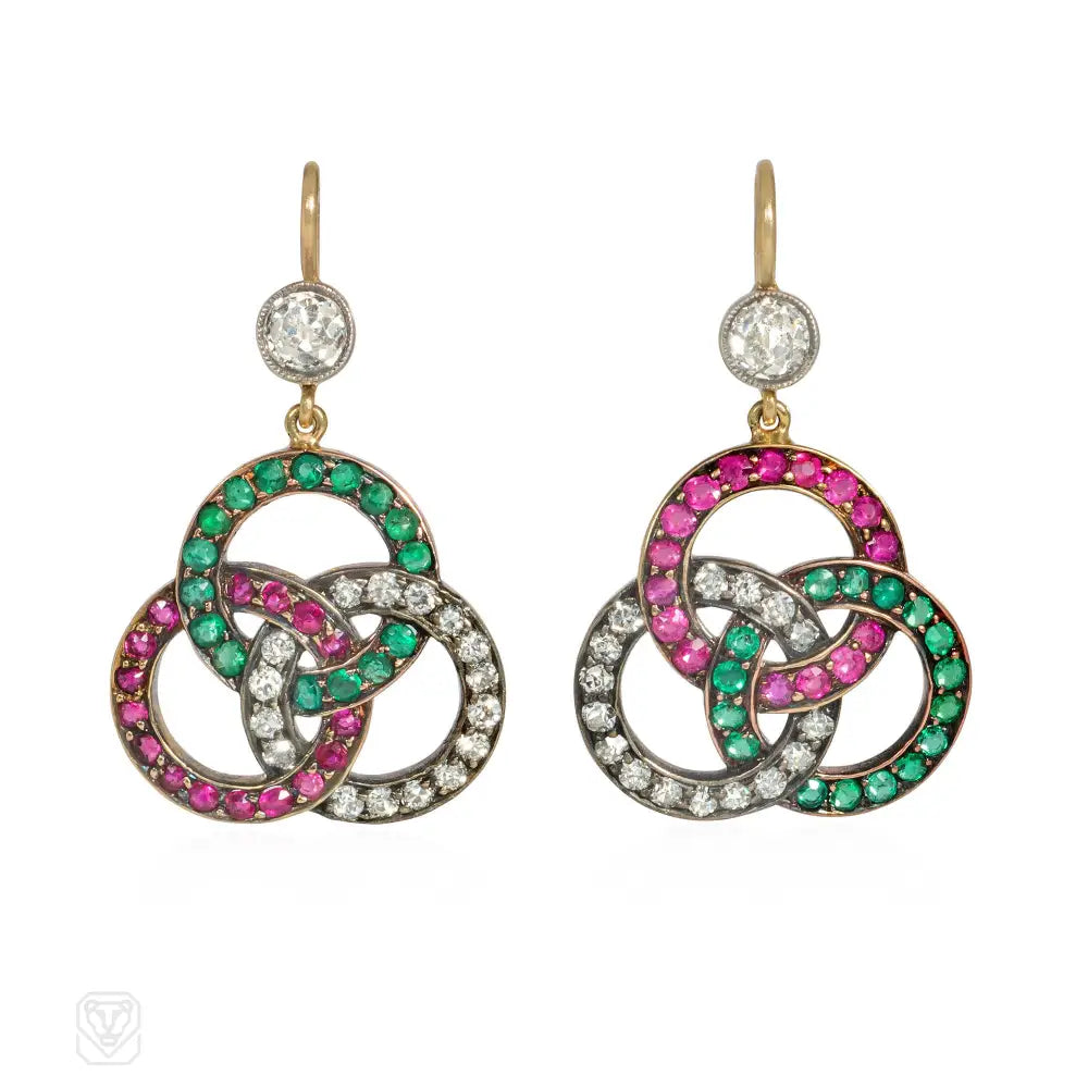 Ladies elegant earrings-Victorian gemset trefoil earrings