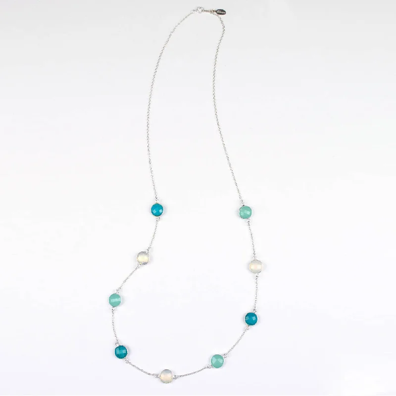 Ladies crystal chandelier necklaces-Long Opalite, Aqua Chalcedony, Turquoise bezel station necklace