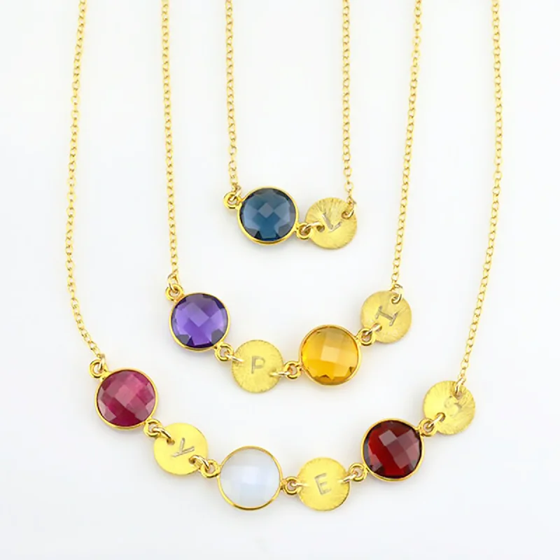 Ladies crystal chandelier necklaces-Personalized Round Birthstone & Initial Long Station Statement Necklace