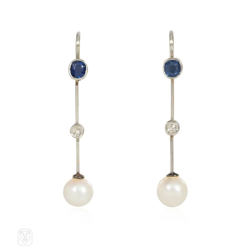 Ladies diamond stud earrings-Edwardian sapphire, diamond, and pearl knife-edge earrings