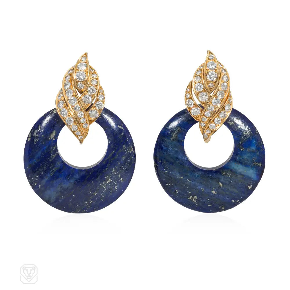 Ladies gold earrings-1950s Pery et Fils diamond, lapis, and gold doorknocker earrings