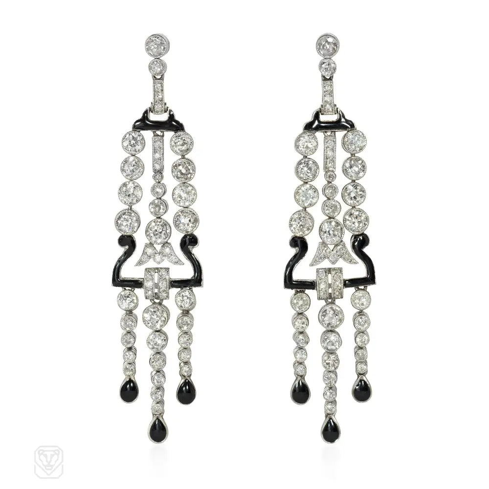 Ladies gold-plated earrings-Art Deco black enamel and diamond fringe earrings