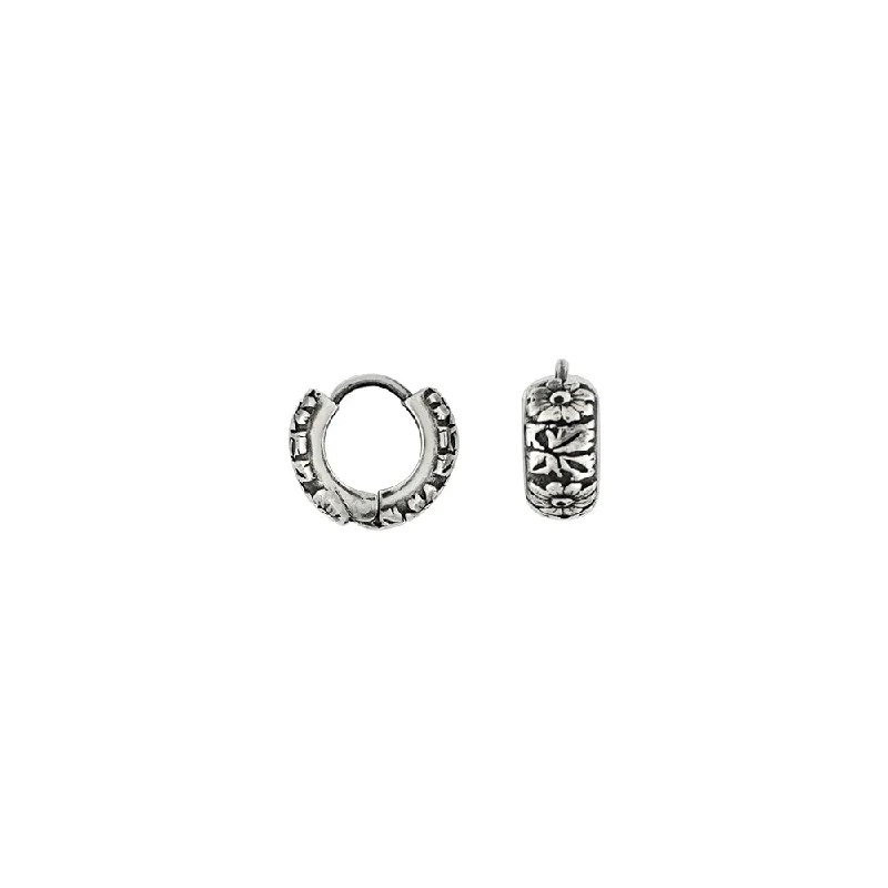 Ladies cubic zirconia earrings-Carved Floral Clicker Huggies in Antiqued Silver