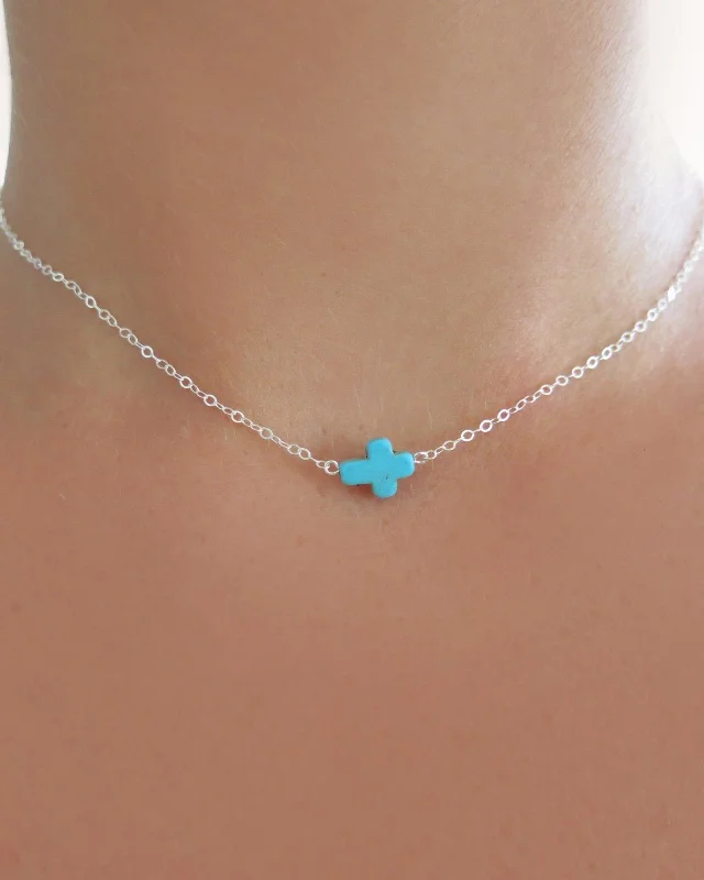 Ladies necklace sets-Turquoise Cross Choker Necklace