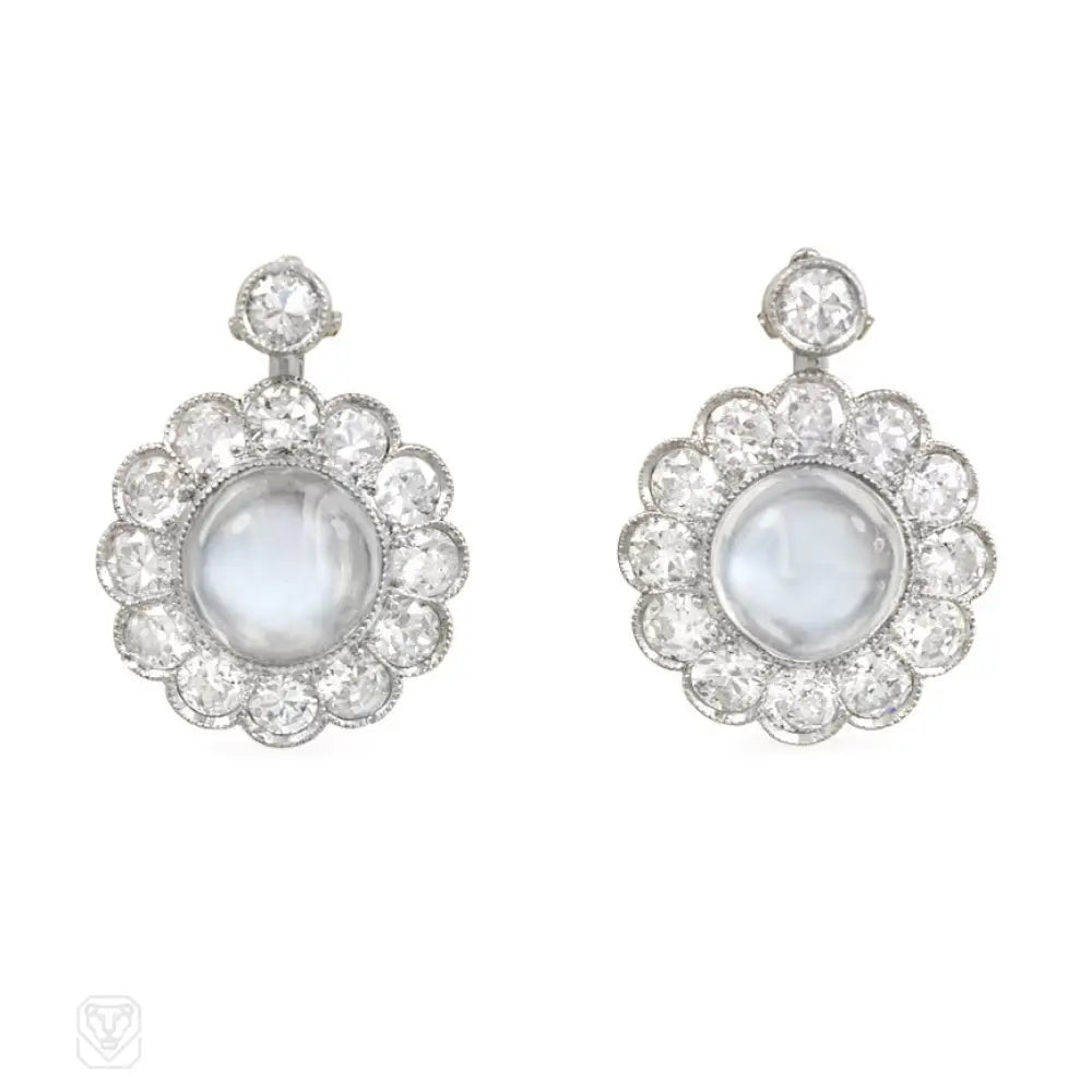 Ladies cocktail earrings-White gold, diamond, and moonstone cluster design earrings