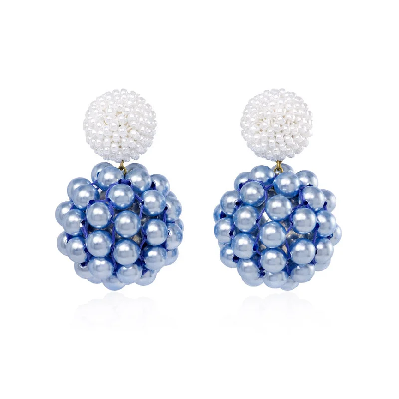 Ladies leaf earrings-White bead and blue Swarovski pearl earrings