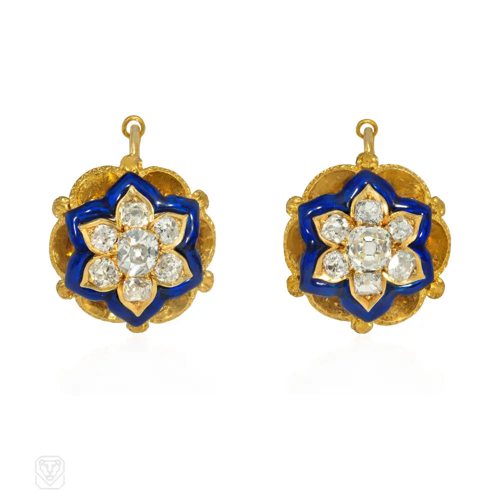 Ladies floral earrings-Antique blue enamel and diamond cluster earrings