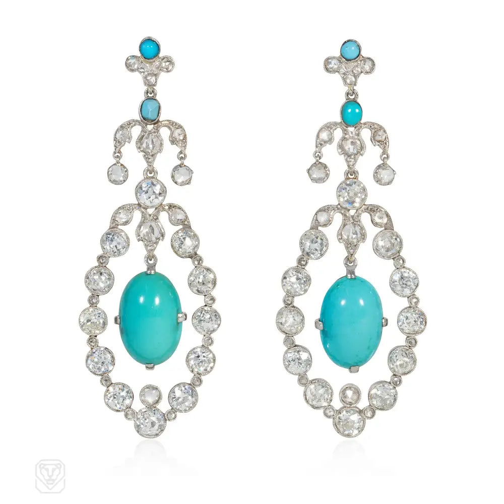 Ladies multi-stone earrings-Antique turquoise and diamond pendant earrings