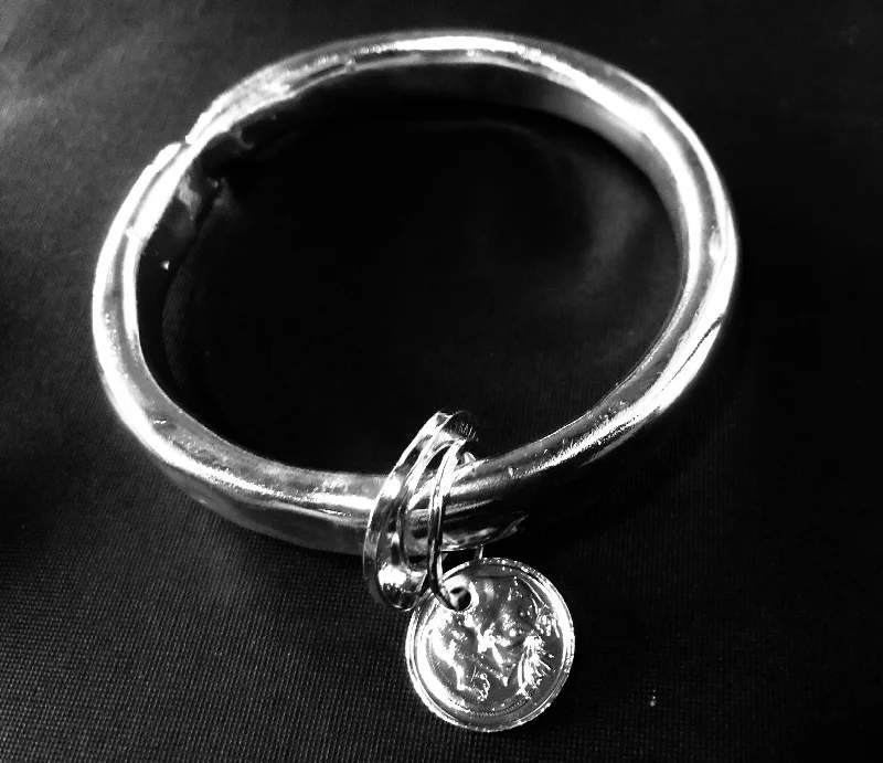 Ladies boho-chic bracelets-Silver anvil coin bangle