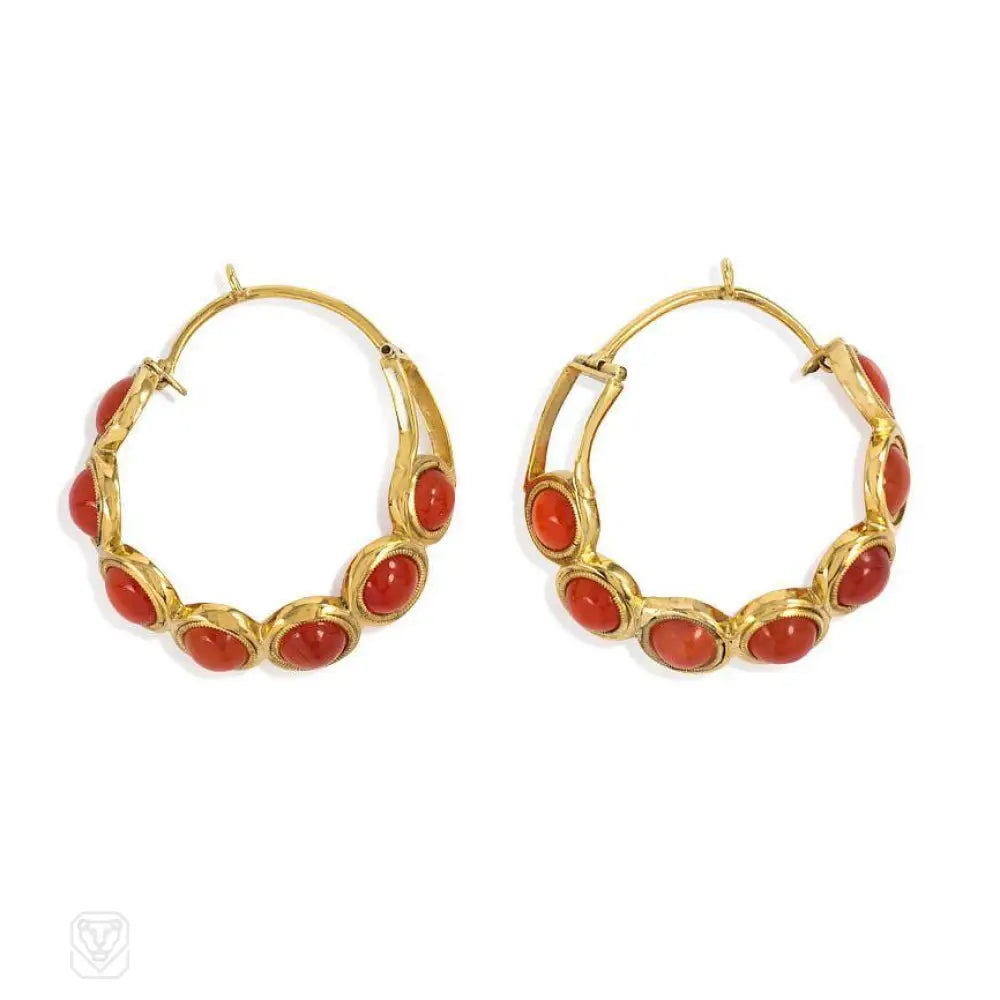 Ladies infinity earrings-Antique gold and carnelian hoop earrings