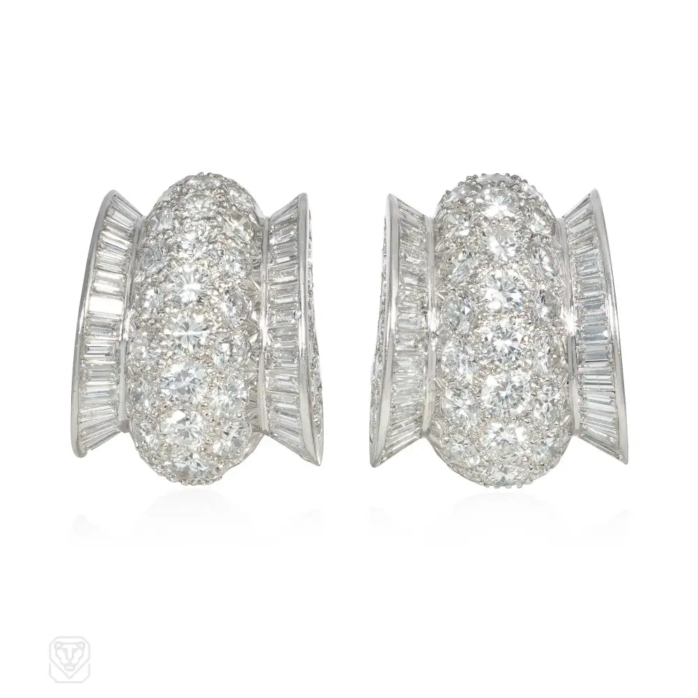 Ladies large hoop earrings-1950s pavé diamond oval and scroll clip earrings