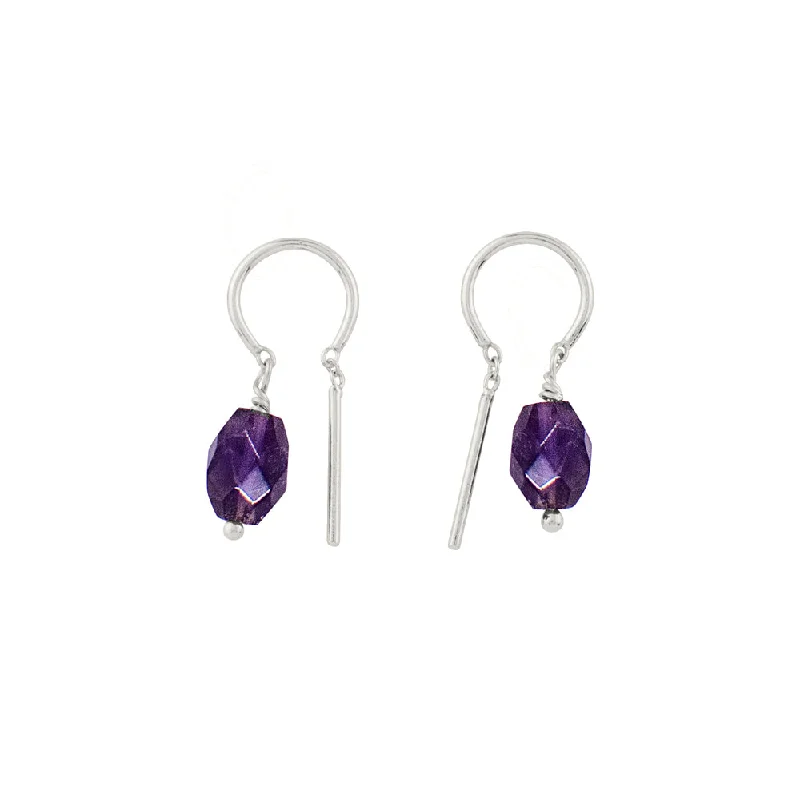 Ladies gold stud earrings-Oblong Stony Dancer Threaders in Amethyst & Silver - 3/4"L