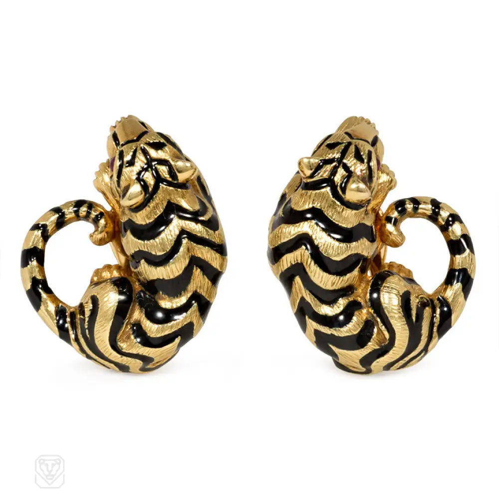 Ladies simple stud earrings-David Webb gold and enamel tiger earrings